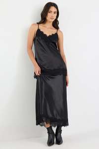 Womens Skirts: Margarita Black Satin Lace Trim Bias Maxi Skirt - Black