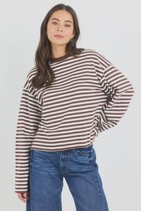 Womens T Shirts: Unite Chocolate White Stripe Long Sleeve Contrast Binding Tee