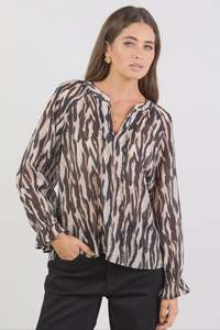 Womens Tops: Woodland Black Zebra Tie Neck Flounce Long Sleeve Top