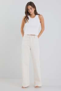 Womens Jeans: Zoey Ecru High Rise Wide Leg Pocket Jean