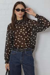 Emphatic Black Polka Dot Georgette High Neck LS Top