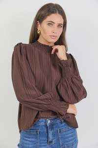 Embrace Chocolate Self Stripe Shirred Neck LS Top