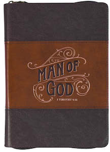 Gifts: Man of God Honey-brown and Espresso Faux Leather Journal with Zipper Closure - 1 Timothy 6:11