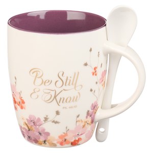 Women: Be Still and Know Purple Floral Ceramic Coffee Mug with Spoon - Psalm 46:10 *THIS CERAMIC MUG IS NOT AVAILABLE TO BE SENT ON IT’S OWN – We are able to ship with combined orders of $100 or more.*
