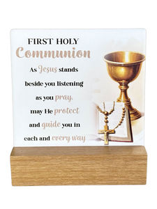 Gifts: First Holy Communion Ceramic Plaque - on wooden base - in box