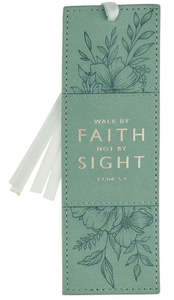 Faith Teal Floral Faux Leather Bookmark - 2 Corinthians 5:7