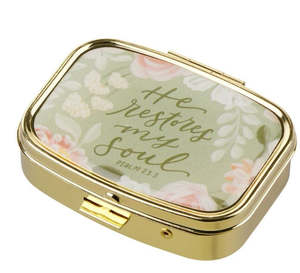 Women: He Restores My Soul Green Floral Pill Case - Psalm 23:3