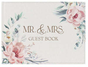 Gifts: Wedding Guest Book Mr and Mrs Peachy-pink Floral Faux Leather Medium - 1 John 4:19