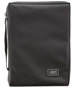 Black Poly-canvas Value Large Bible Cover with Ichthus Patch