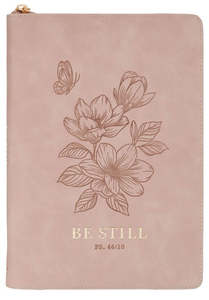 Be Still Pink Floral Faux Leather Classic Journal with Zipper Closure - Psalm 46:10