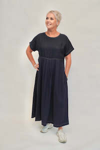 Dress: Pleats Of Rosie - Navy Linen