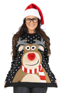 Ladies Christmas Jumpers: Women's 3D Rudolph Christmas Jumper