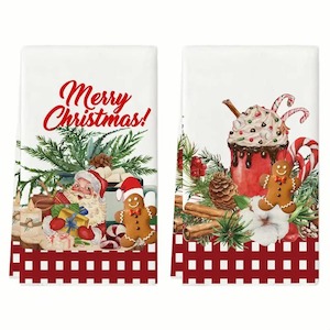 Home Interiors: Gingerbread Towel - Merry Christmas Santa and Gingerbread with Gingham boarder