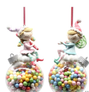 Gingerbread Peppermint And Candy Range: Candy Elves ( Boy and Girl) Hanging on a Candy Filled Bauble