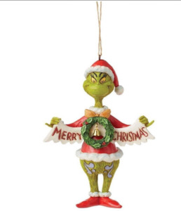 Jim Shore - The Grinch - Grinch holding his Merry Christmas Banner - Hanging Ornament