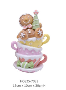 Gingerbread Collection: Three Stacked Candy Pastel Violet, Lemon and Pink Teacups with Gingerbread