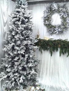 Christmas Trees: Green Flocked Slim Mixed Pine Tree  - 9 foot