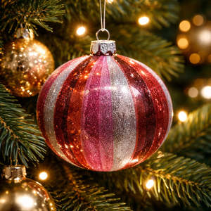 Red, Pink and White Glittered Bauble