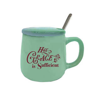 Mothers Day: Ceramic Mug w/Cover - His Grace is Sufficient - Teal