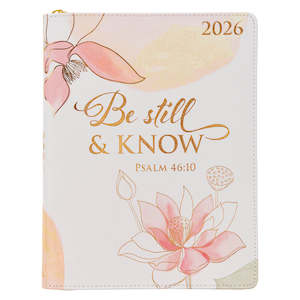 2026 Planners: 2026- Be Still Large Zippered Pink Faux Leather 18-month Planner