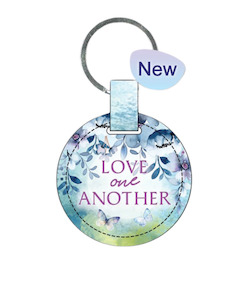Key Ring Leather Round Blue Floral - Love one Another