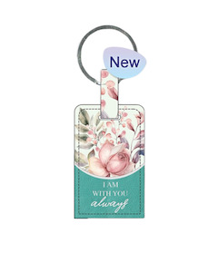 Keyrings: Key Ring Leather Rectangle Green Floral - I am With you Always