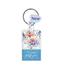 Key Ring Leather Rectangle Blue Floral - The Lord Bless You
