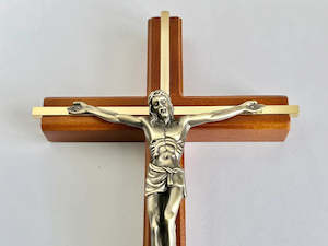 Crosses: Cross Wooden (Gold inlay) 26cm with Metal Corpus (Hanging)