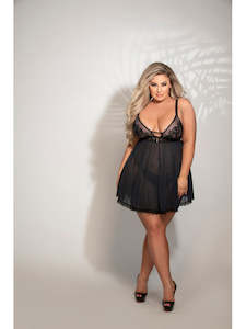 Two Piece Embroidered Babydoll And Panty Set STM-11285X-Black-3X/4X