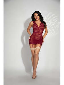Chemise Sets: Two Piece Eyelash and Floral Lace Chemise And G-String Set STM-11282-Wine-S