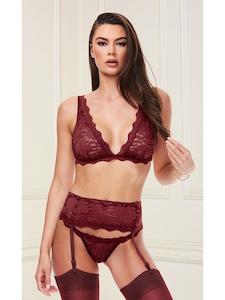 Baci 3pc Lace Bra Garter Skirt & G-String Set Wine S/M