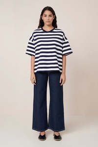 Oversized Boxy Tee | Navy White Stripe