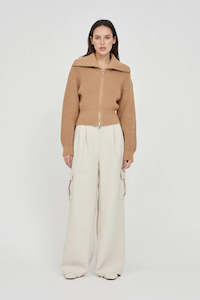 Astrid Double Zip Cotton Cardigan - Biscuit