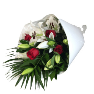 Valentines Day Christchurch: Red Roses and White Lillies Bouquet