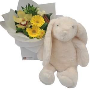 Hello Wee One, New Parent & Baby Soft Toy & Flowers Gift Basket