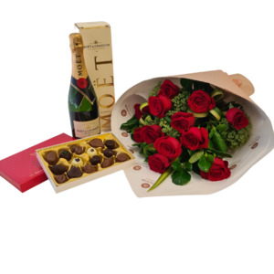 Flowers Gift Baskets: 1 Dozen Roses, Moet and Hand-Made Chocolates