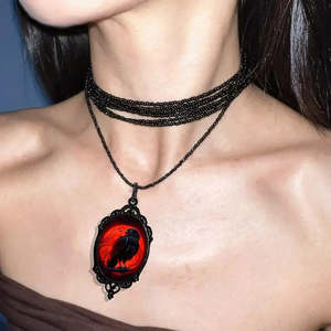 Goth: Crimson Corvid Cameo Necklace