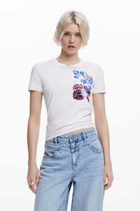 Desigual: Desigual White T-Shirt with Blue Flowers