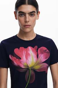Desigual: Desigual Navy T-Shirt with Pink Flower