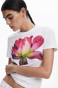 Desigual White T-Shirt with Pink Flower