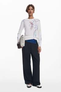 Desigual Fine Sweater with Floral Strokes - White