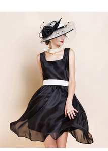 Products: Fascinator- white with Black Flower Flax Fabric Hat for Racing and wedding - Classique Boutique