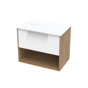 Wall Hung Vanities: Nikau Pro Arctic 750 Drawer Open Two Tone Wall Vanity