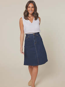 Skirts: A-Line Short Denim Skirt in Mid Wash