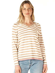 Zacket And Plover: Essential Stripe Vee Neck in Oat