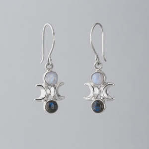 Moon Phases Earrings with Labradorite & Rainbow Moonstone