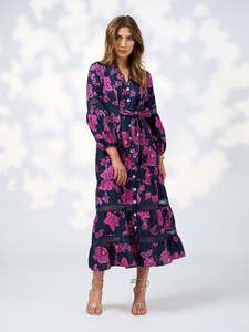 Dresses: Indie Midi Dress in Indigo Multi