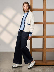 College Cardi in Winter White/Blue
