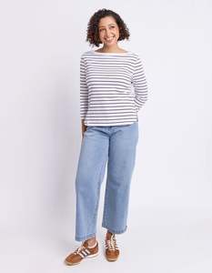 Elm: The Eliza Boat Neck Tee in White/Coffee Stripe