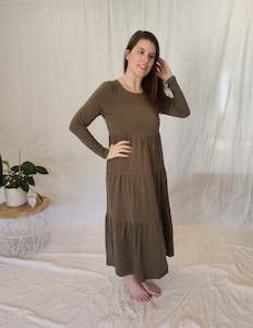 All: Long Sleeved Cotton Layered Dress - Olive